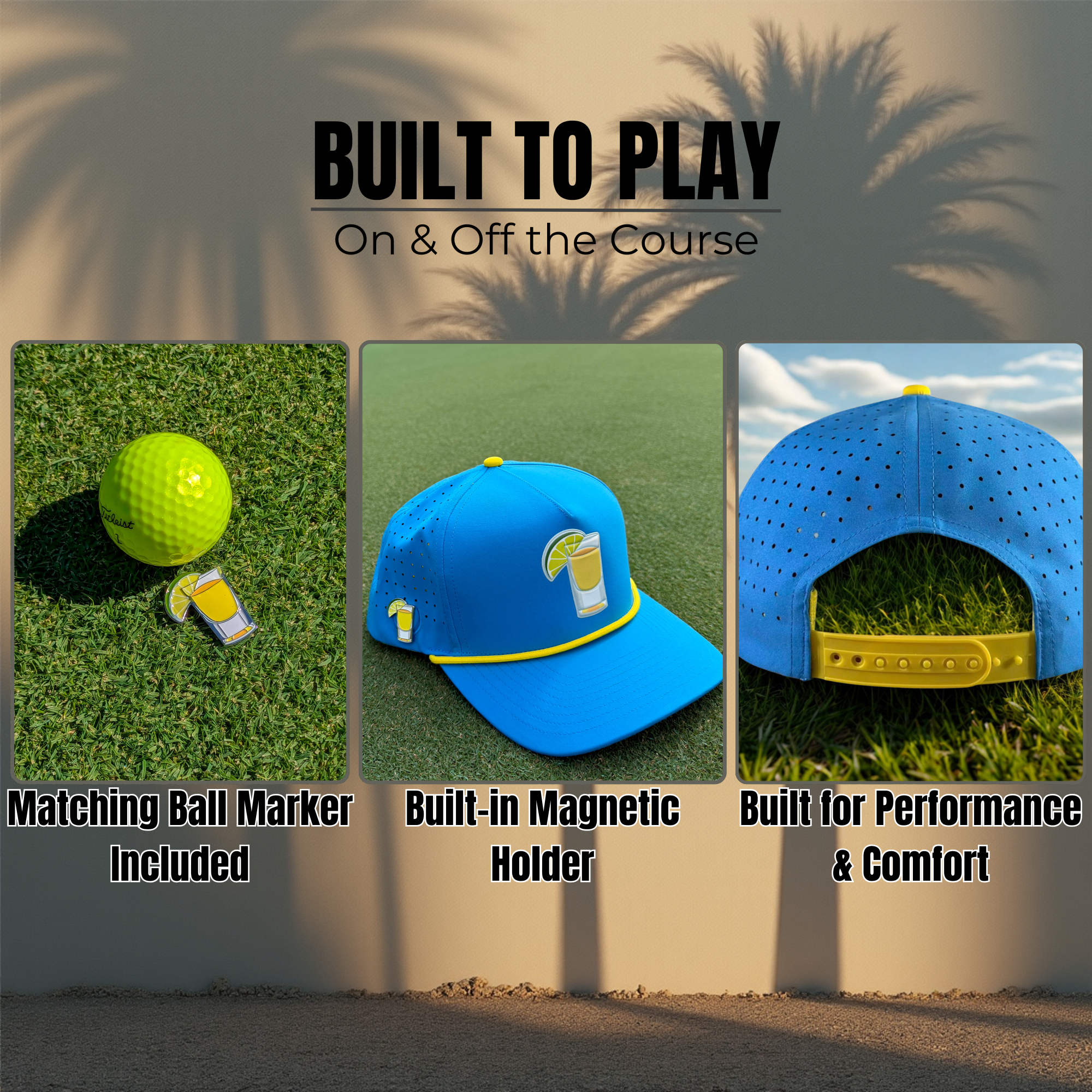 Breakfast Ball Golf Hat | Snapback Cap | Built-in Magnetic Ball Marker Holder + Marker Included | Breakfast Ball | Adjustable | Mulligan Tan