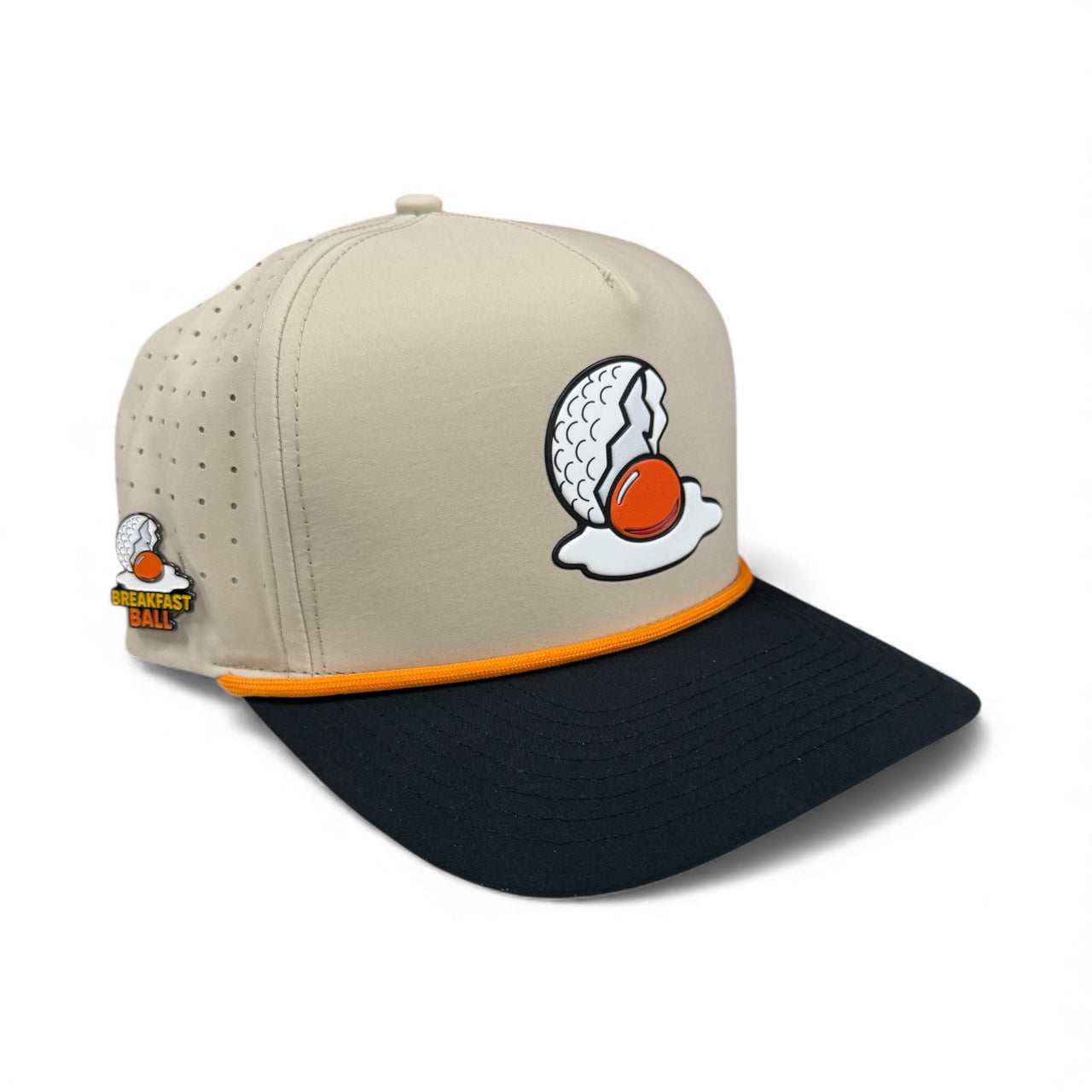 Breakfast Ball Golf Hat | Snapback Cap | Built-in Magnetic Ball Marker Holder + Marker Included | Breakfast Ball | Adjustable | Mulligan Tan